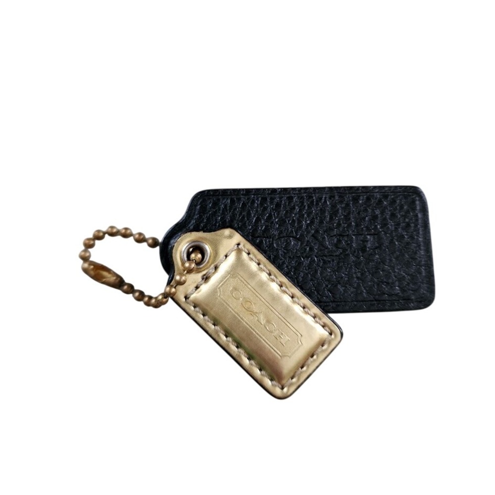 COACH Replacement Hangtag Set Black Pebbled Leather & Gold Poppy Mirrored Charm